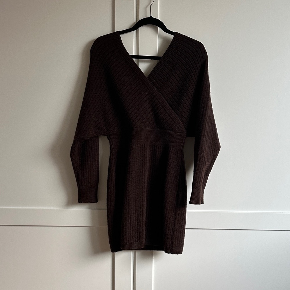 Commense Chocolate Brown Sweater Mini Dress